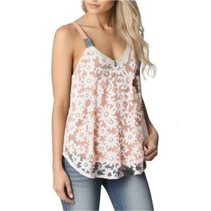 Rewind Floral Lace Mesh Front Solid Back Mixed Media Tank Top Orange Gray White